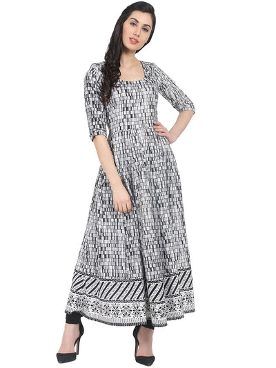Nayo Grey check printed 3/4th sleeve cotton maxi dress