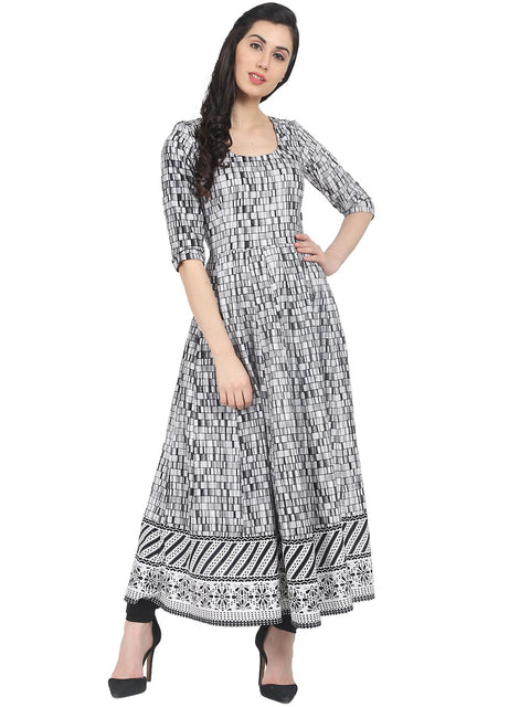 Nayo Grey check printed 3/4th sleeve cotton maxi dress