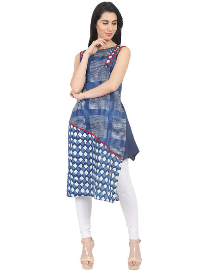 Nayo Blue check printed sleeveless cotton kurta