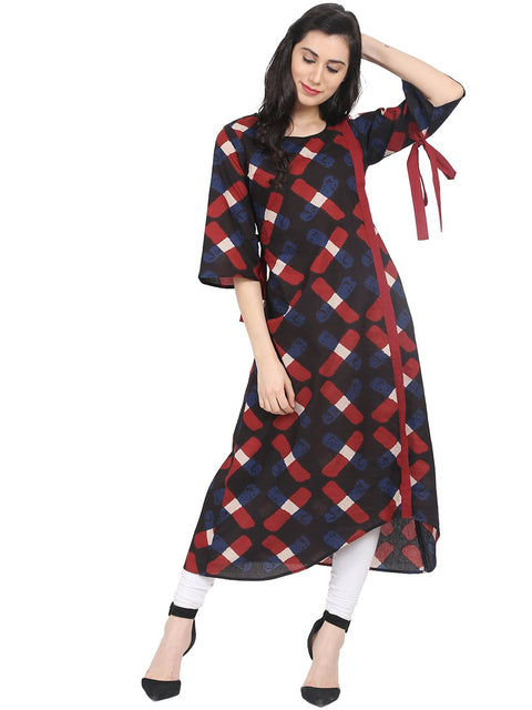 Nayo Blue check printed half sleeve cotton A-line kurta