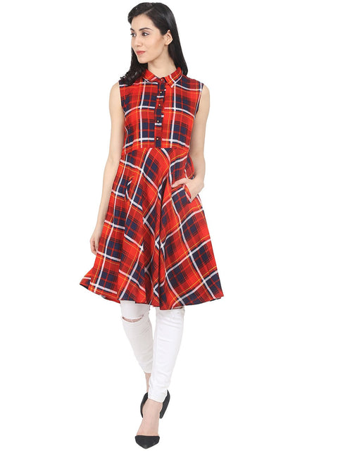 Nayo Red check sleeveless cotton croped anarkali kurta