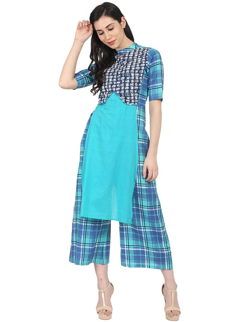 Nayo Blue Check printed half sleeve cotton jumpsuit