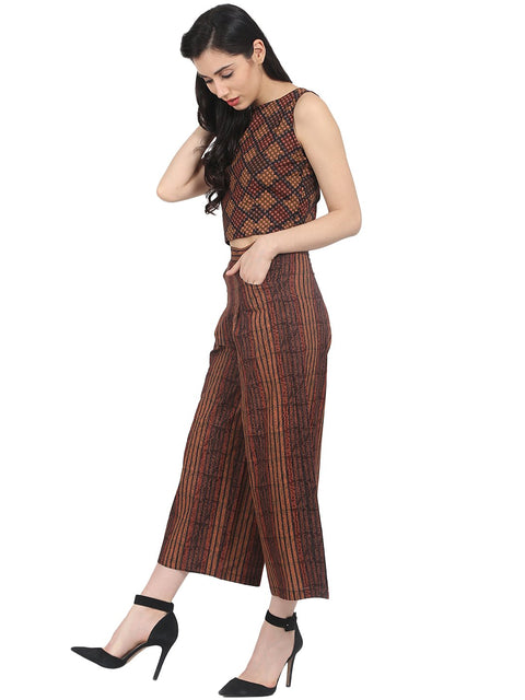 Nayo Brown check sleeveless crop top with striped calf length flared palazzo