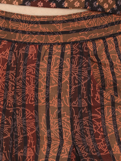 Nayo Brown check sleeveless crop top with striped calf length flared palazzo