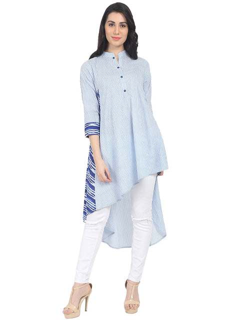 Nayo Blue striped 3/4th sleeve cotton A-line kurta