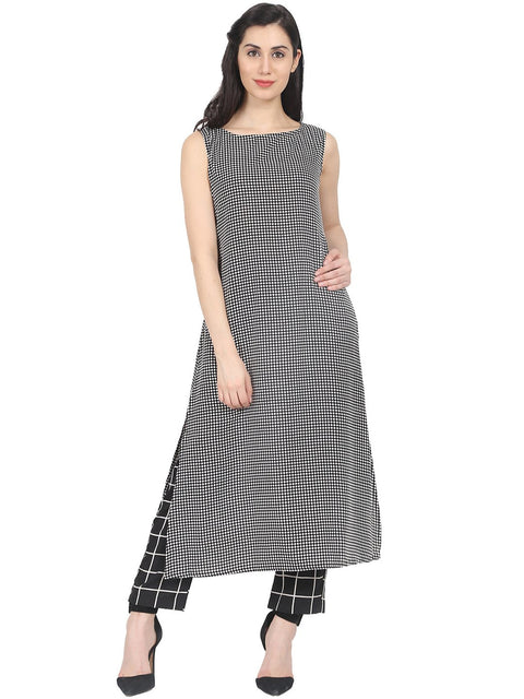 Nayo Black check printed sleeveless cotton kurta with black check palazzo