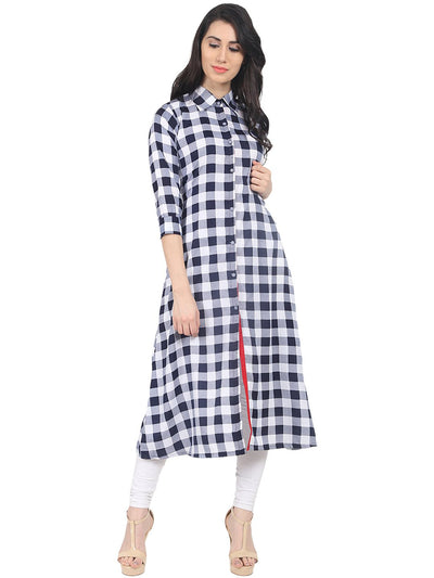 Nayo Blue check half sleeve crepe A-line kurta