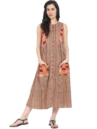 Nayo Brown striped sleeveless cotton double pocket maxi dress
