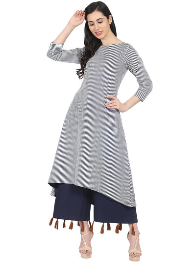Nayo Blue striped 3/4th sleeve cotton A-line kurta