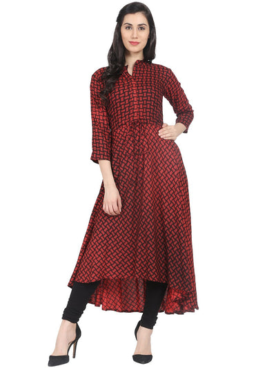 Nayo Dark red check printed 3/4th sleeve cotton Anarkali Kurta