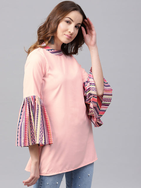 Solid pink flared sleeve crepe tunics