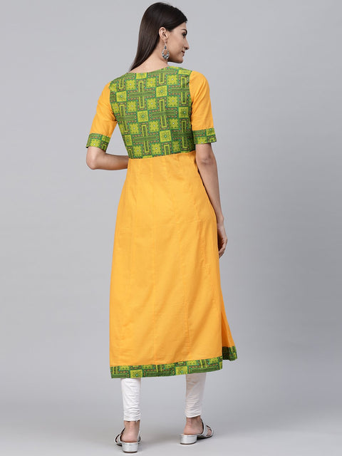 Yellow half sleeve cotton A-line kurta with printed yoke