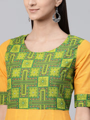 Yellow half sleeve cotton A-line kurta with printed yoke