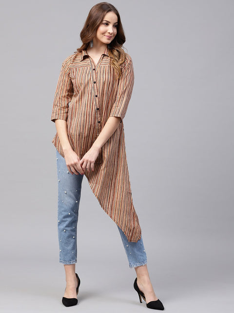 Beige striped 3/4th sleeve cotton Assymetric tunic