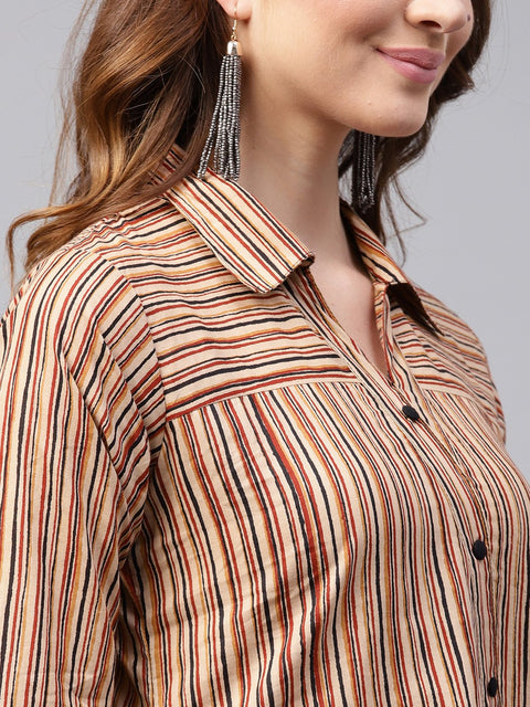 Beige striped 3/4th sleeve cotton Assymetric tunic