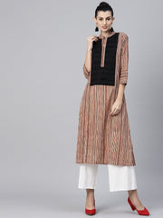 Beige striped 3/4th sleeve cotton kurta