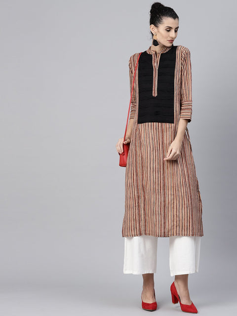 Beige striped 3/4th sleeve cotton kurta