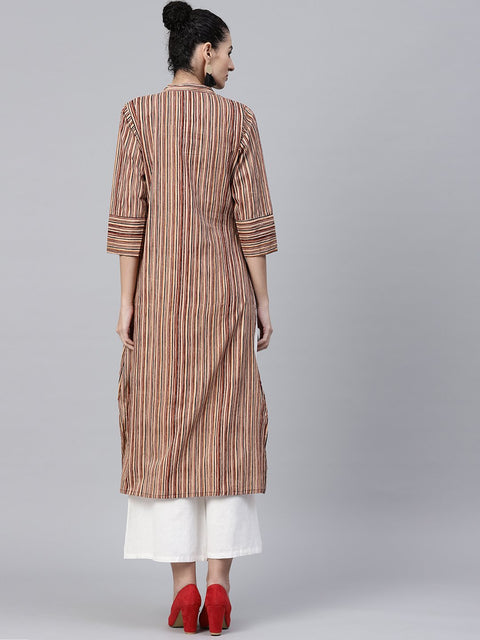 Beige striped 3/4th sleeve cotton kurta