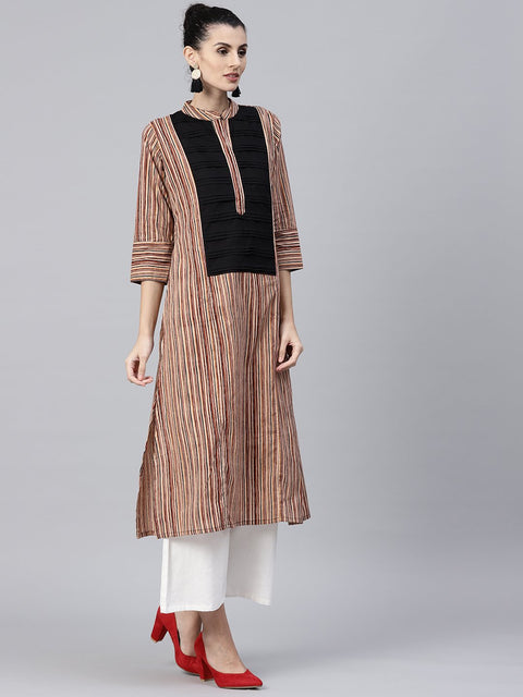 Beige striped 3/4th sleeve cotton kurta