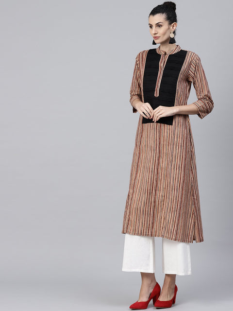 Beige striped 3/4th sleeve cotton kurta