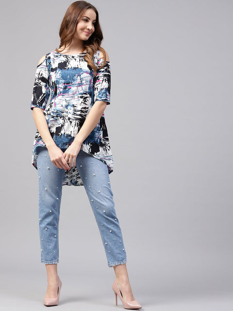 Multi printed half cold shoulder sleeve rayon tunics