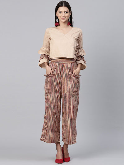 Beige 3/4th sleeve cotton tops with Beige striped palazzo with double pocket