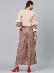 Beige 3/4th sleeve cotton tops with Beige striped palazzo with double pocket