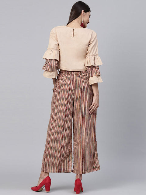 Beige 3/4th sleeve cotton tops with Beige striped palazzo with double pocket