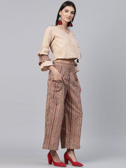 Beige 3/4th sleeve cotton tops with Beige striped palazzo with double pocket