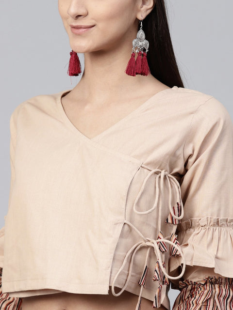 Beige 3/4th sleeve cotton tops with Beige striped palazzo with double pocket