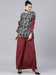 Black & Blue printed full sleeve Crepe tops with red palazzo