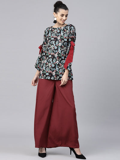 Black & Blue printed full sleeve Crepe tops with red palazzo