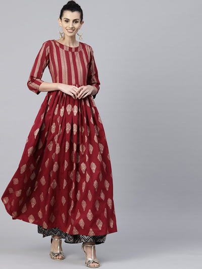 Red printed 3/4th sleeve cotton floor length anarkali kurta