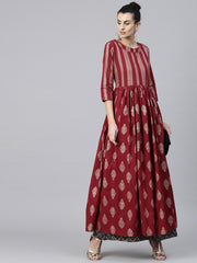 Red printed 3/4th sleeve cotton floor length anarkali kurta