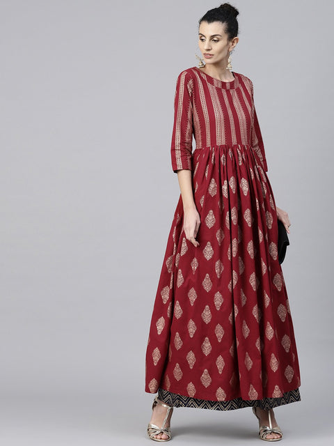 Red printed 3/4th sleeve cotton floor length anarkali kurta