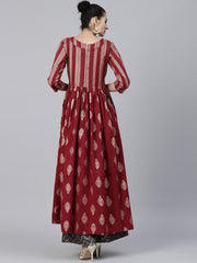 Red printed 3/4th sleeve cotton floor length anarkali kurta
