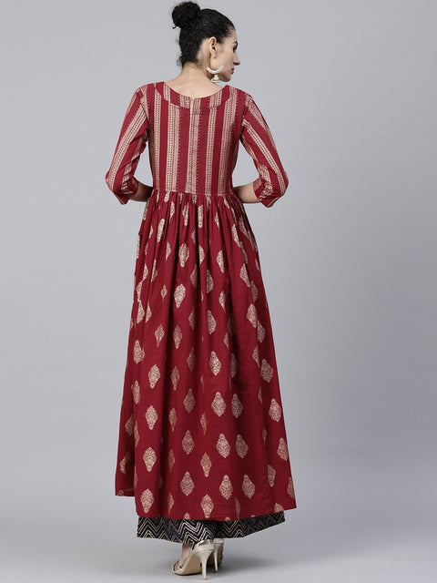 Red printed 3/4th sleeve cotton floor length anarkali kurta