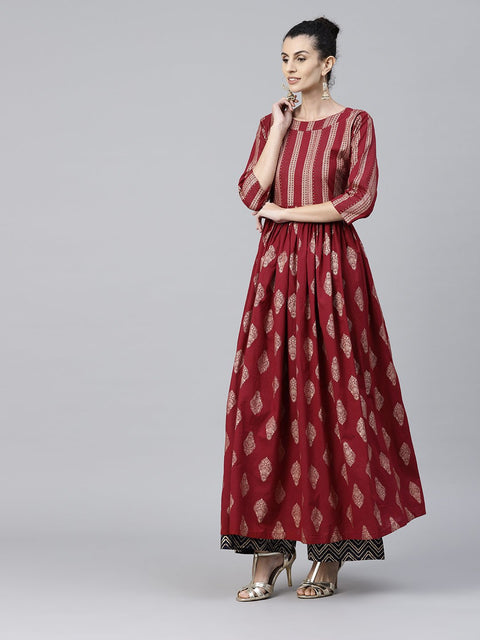 Red printed 3/4th sleeve cotton floor length anarkali kurta