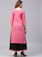 Pink Golden print 3/4th sleeve cotton kurta with Black printed skirt