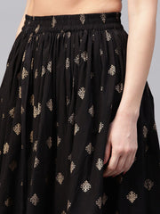 Pink Golden print 3/4th sleeve cotton kurta with Black printed skirt