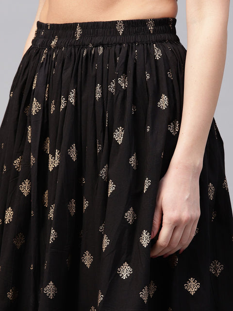 Pink Golden print 3/4th sleeve cotton kurta with Black printed skirt