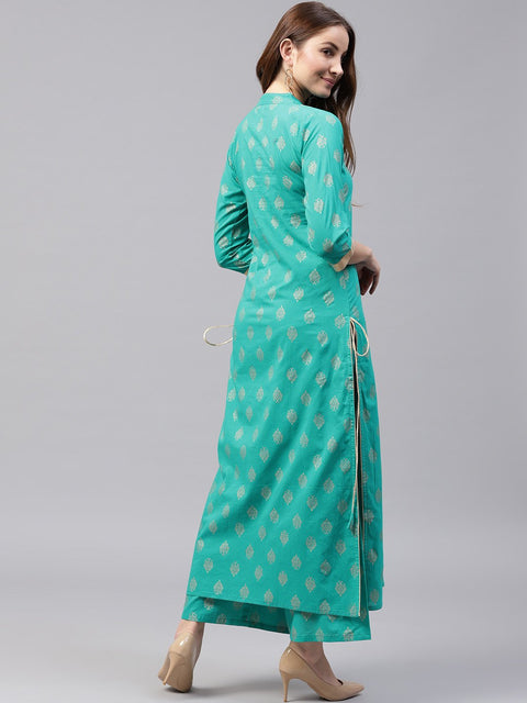 Green printed 3/4th sleeve cotton kurta with green printed ankle length palazzo