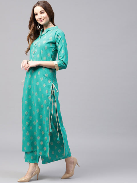 Green printed 3/4th sleeve cotton kurta with green printed ankle length palazzo