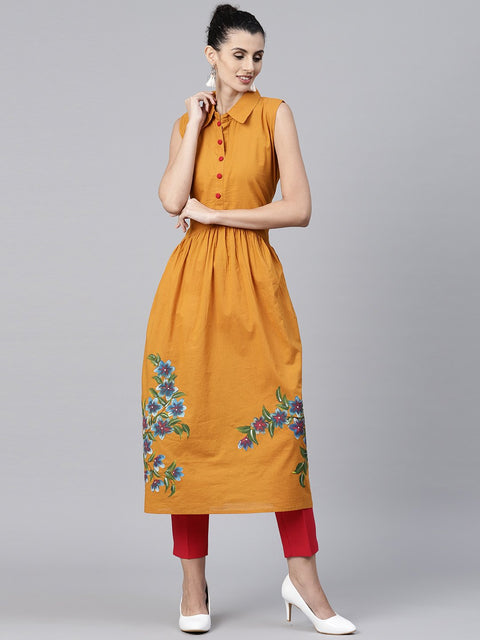 Mustard block printed sleeveless cotton Anarkali kurta
