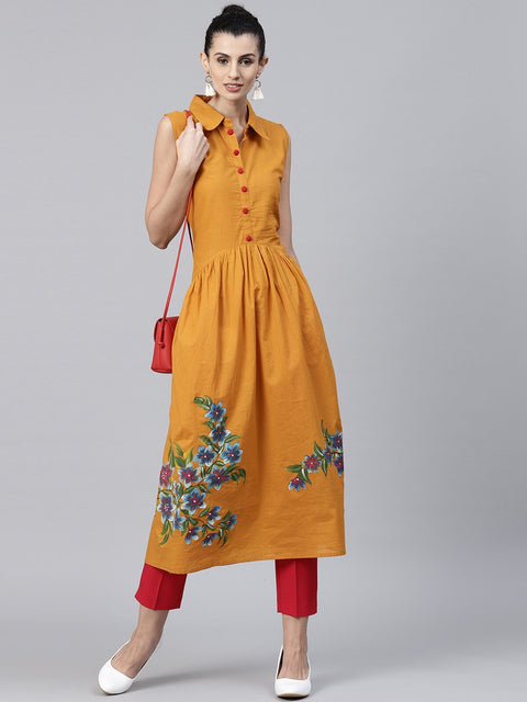 Mustard block printed sleeveless cotton Anarkali kurta