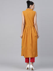 Mustard block printed sleeveless cotton Anarkali kurta