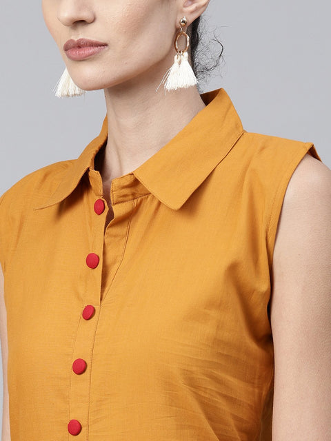 Mustard block printed sleeveless cotton Anarkali kurta