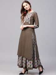 Grey 3/4th sleeve cotton kurta with printed ankle length palazzo