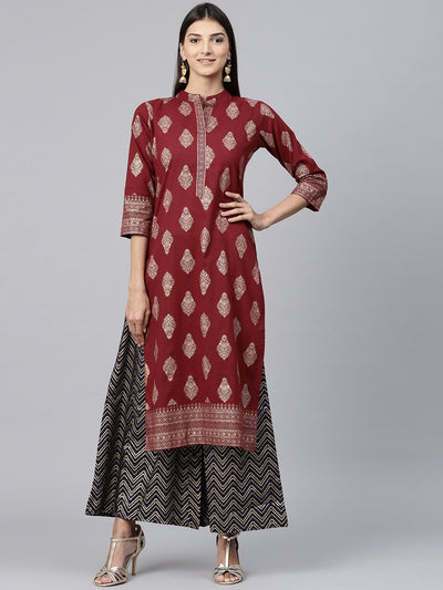 Red printed 3/4th sleeve cotton kurta