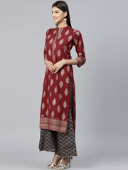 Red printed 3/4th sleeve cotton kurta